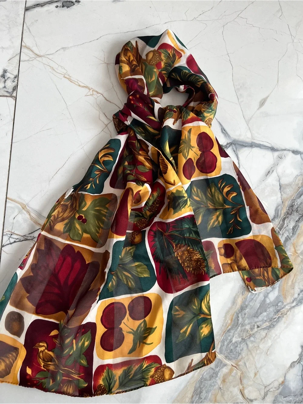Autumn Fall Leaves Themed Sheer Scarf in Red, Green & Gold with Mushrooms